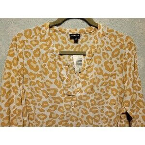 Womens NWT Tan Leopard Long Sleeve V-Neck Tunic Blouse 00 Shirt Safari Feline